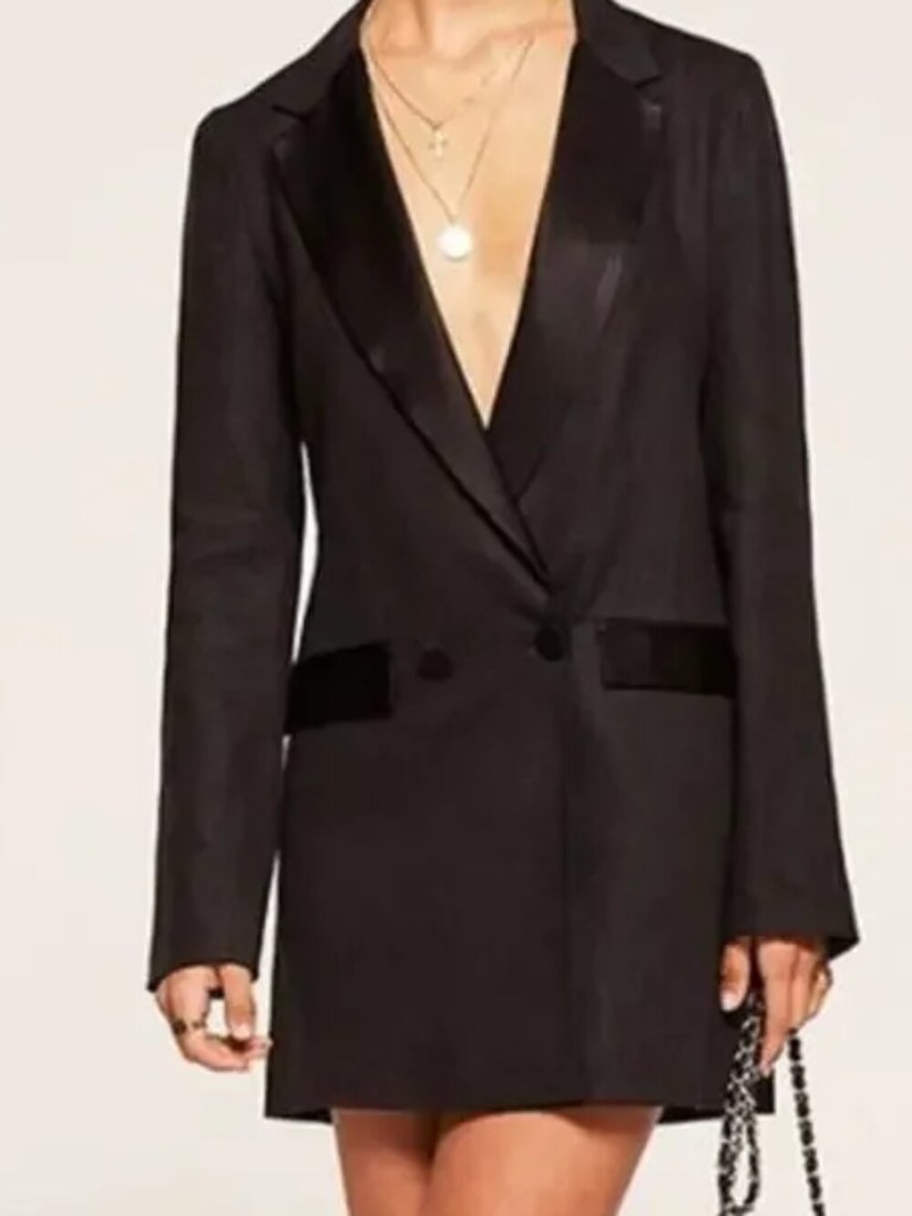 Reformation Tuxedo Satin Lapel Linen Blazer Jacket Mini Dress Black XS